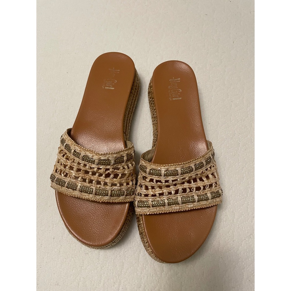 It Girl Womens Tan Woven Platform Slide Sandals Gold Beaded Boho Size 11